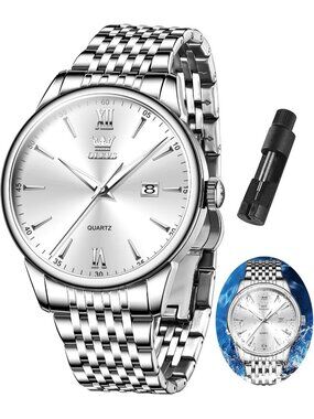 Men's Silver Stainless Steel Analog Quartz Roman Arabic Numerals Luxury Watch